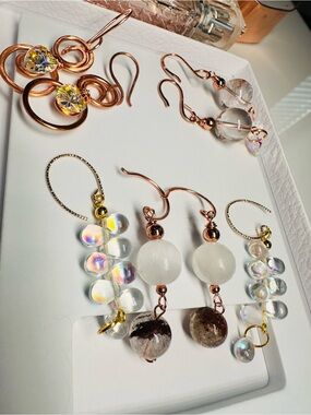COPPER & SELENITE & QUARTZ & GLASS Drop Earrings - Set of 4